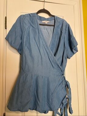 LOFT Light Blue Wrap Denim-Style Top